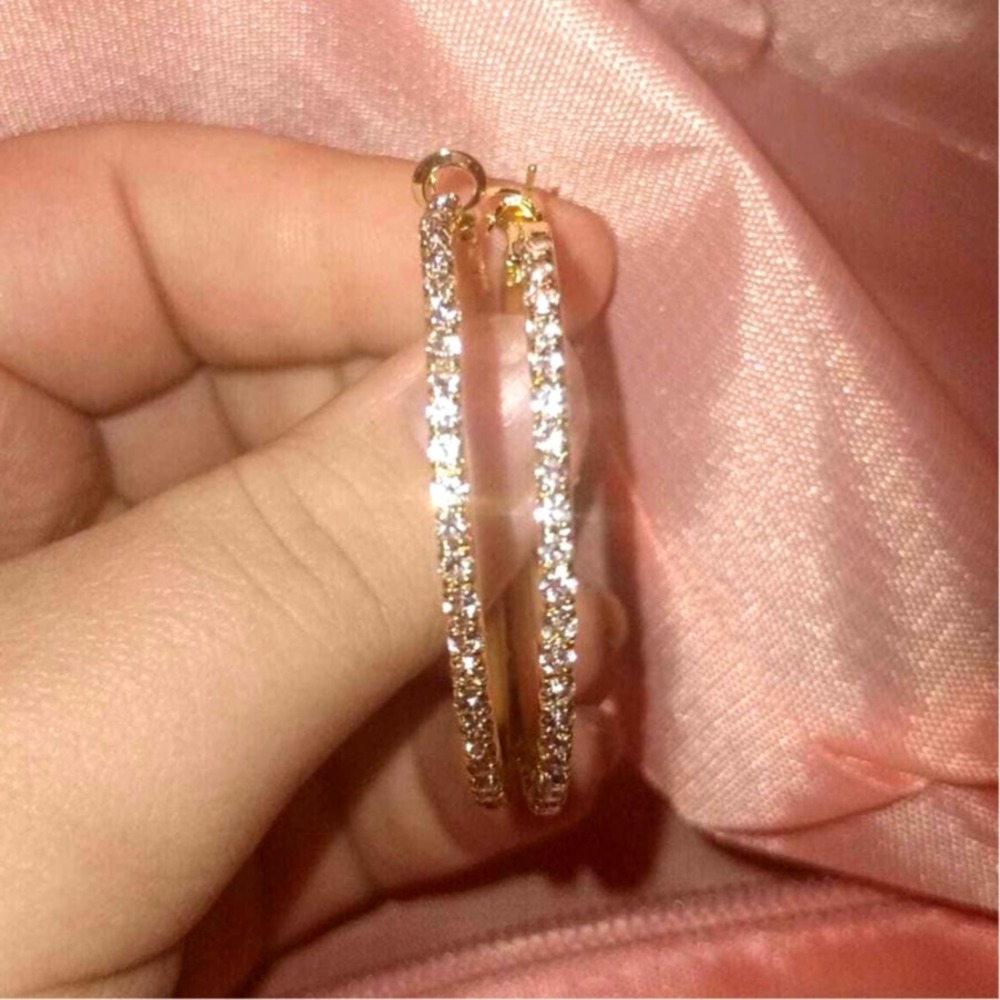New CZ Rhinestone Lined Gold Hoop Earrings Diamond Round Yellow Sterling 2 inch